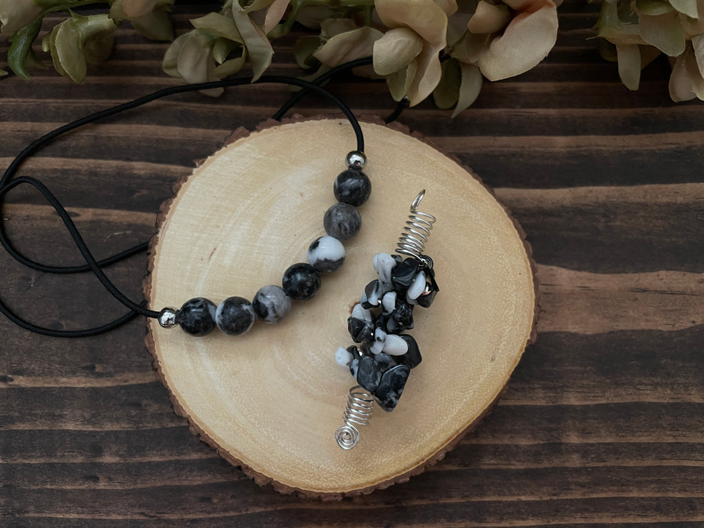 CARBON BLACK & WHITE ZEBRA JASPER COMP HAIRTIE & Jewel SET
