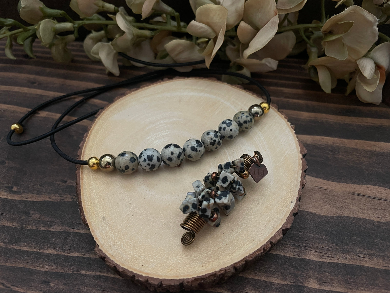 SPECKLED SABLE DALMATIAN JASPER COMP HAIRTIE & Jewel SET