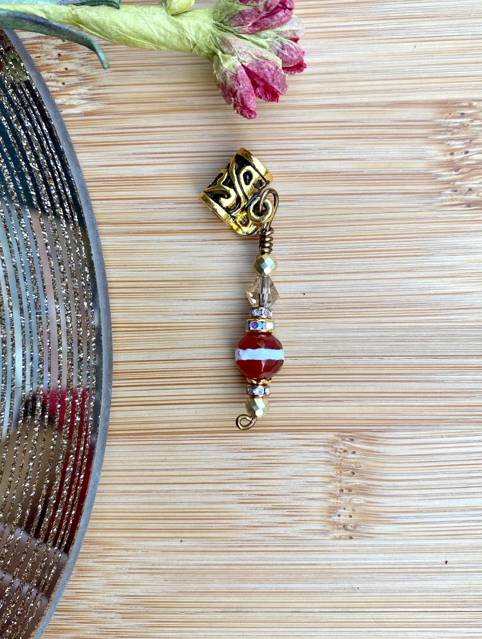 ECHO Red Striped Dzi Agate & Champagne Teardrop Loc Jewel